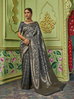 Grey woven banarasi silk saree with blouse 1