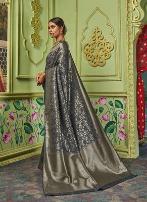 Grey woven banarasi silk saree with blouse 2