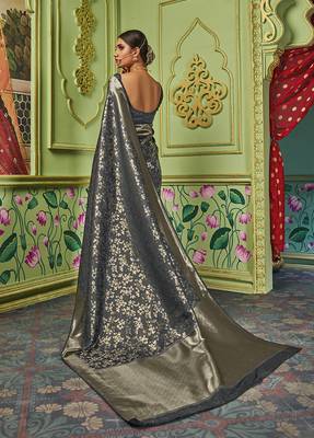 Grey woven banarasi silk saree with blouse 3
