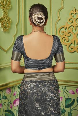 Grey woven banarasi silk saree with blouse 5