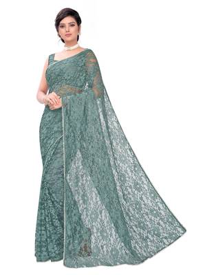 Green plain net saree with blouse 1