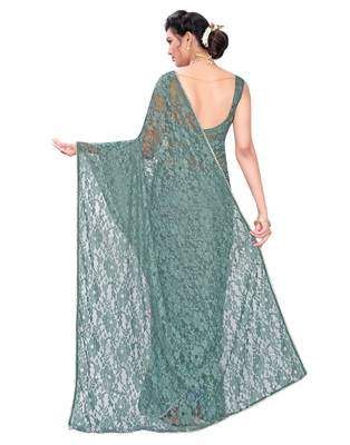 Green plain net saree with blouse 2