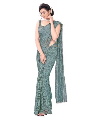 Green plain net saree with blouse 3