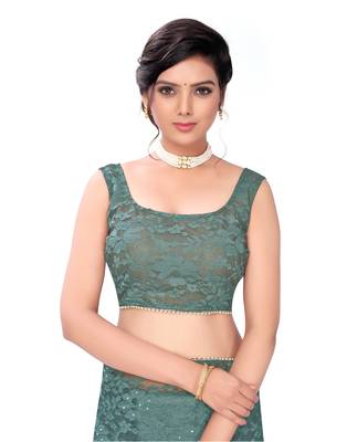 Green plain net saree with blouse 4