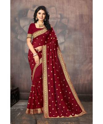 Maroon Poly Silk Embellished Designer Saree 1