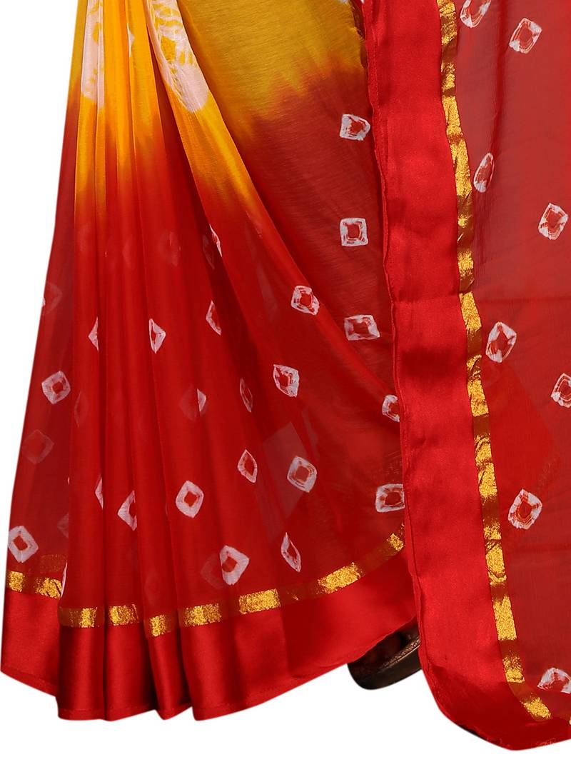 women's multicolor chiffon bandhani and lehariya style saree with blouse piece
