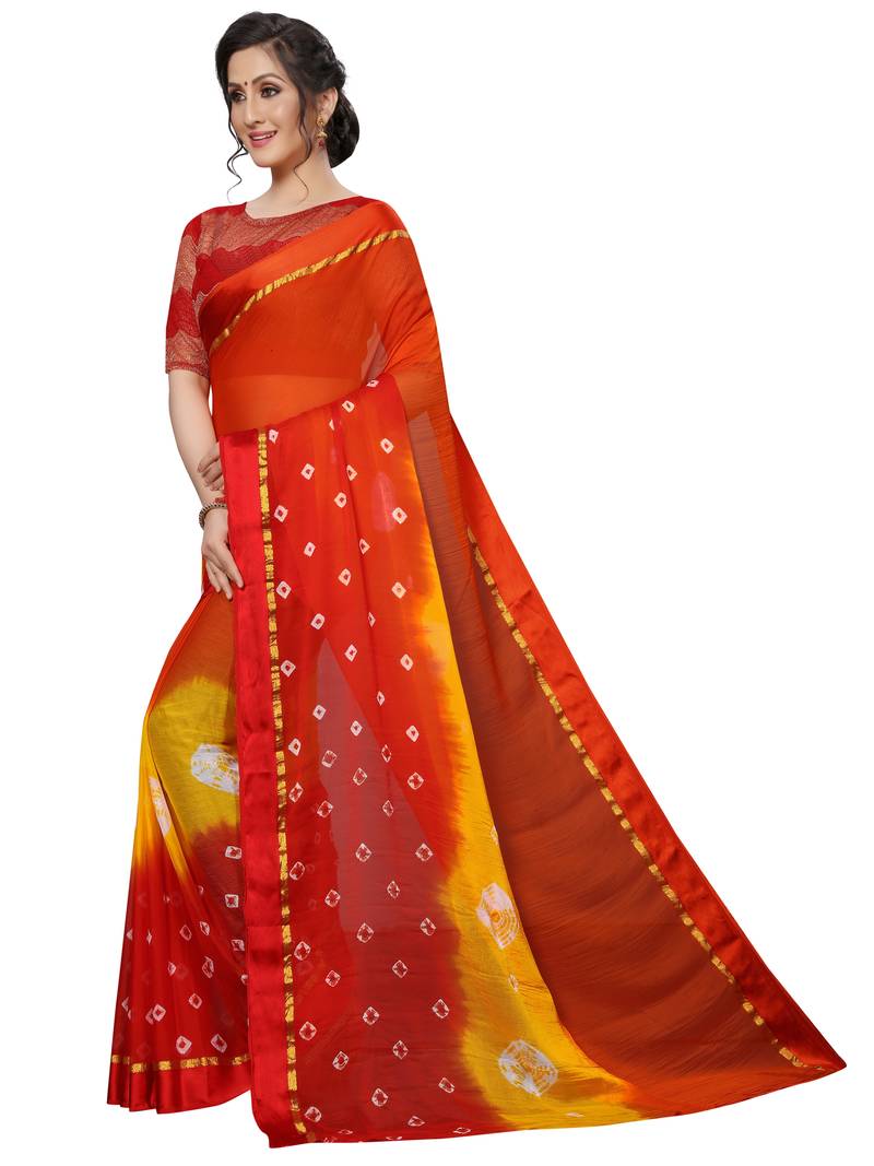 women's multicolor chiffon bandhani and lehariya style saree with blouse piece