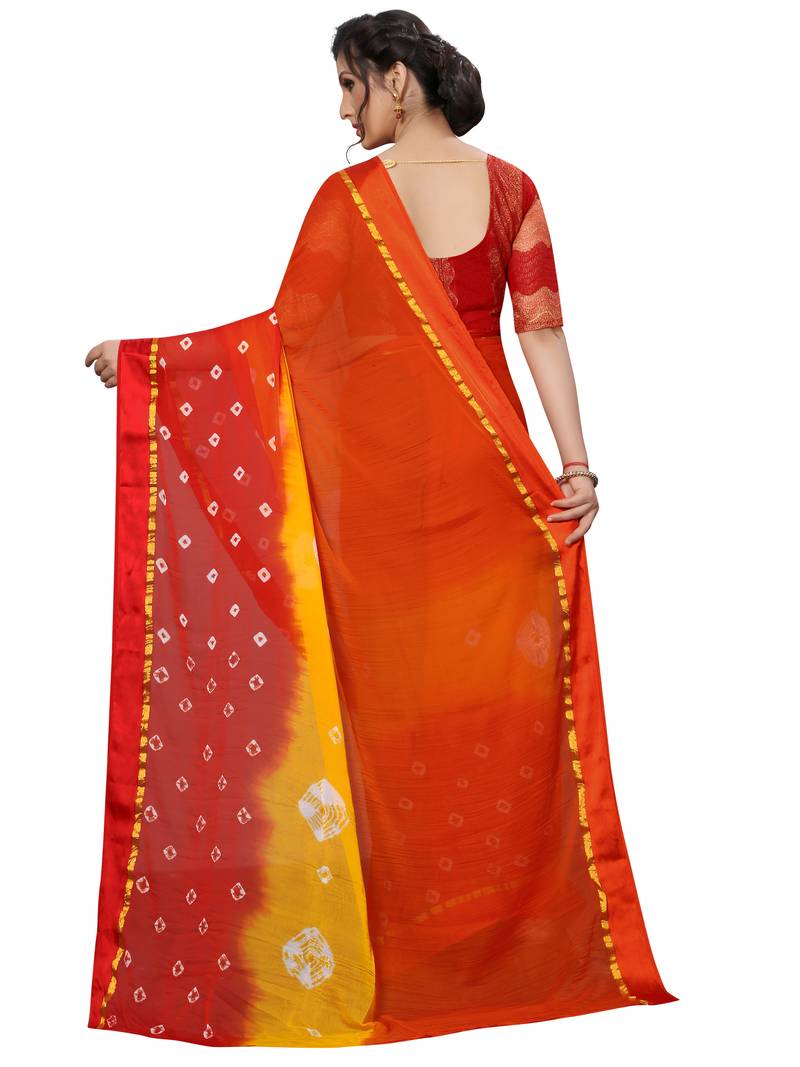 women's multicolor chiffon bandhani and lehariya style saree with blouse piece