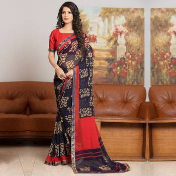 Women's Navy Blue Georgette Printed Saree 1