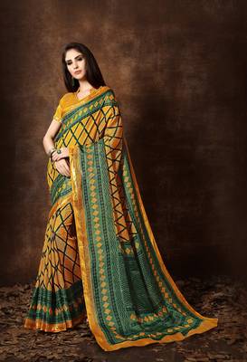 Women's Mustard Cotton Blend Printed Saree 1