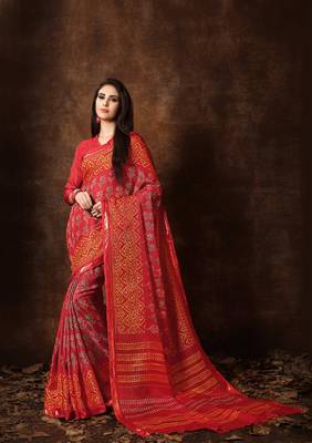 Women's Red Cotton Blend Printed Saree 1