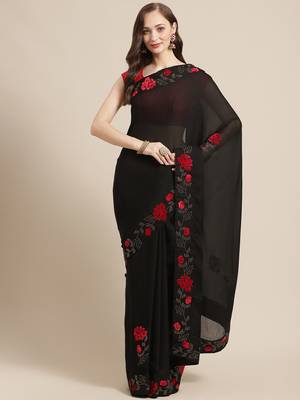 Women's Black Satin Georgette Swarovski  Saree 1