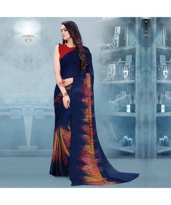 Women's Navy Blue Georgette Printed Saree 1