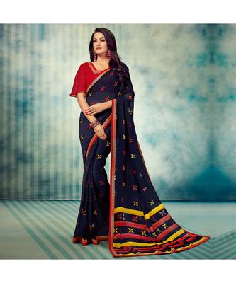 Women's Navy Blue Georgette Printed Saree 1