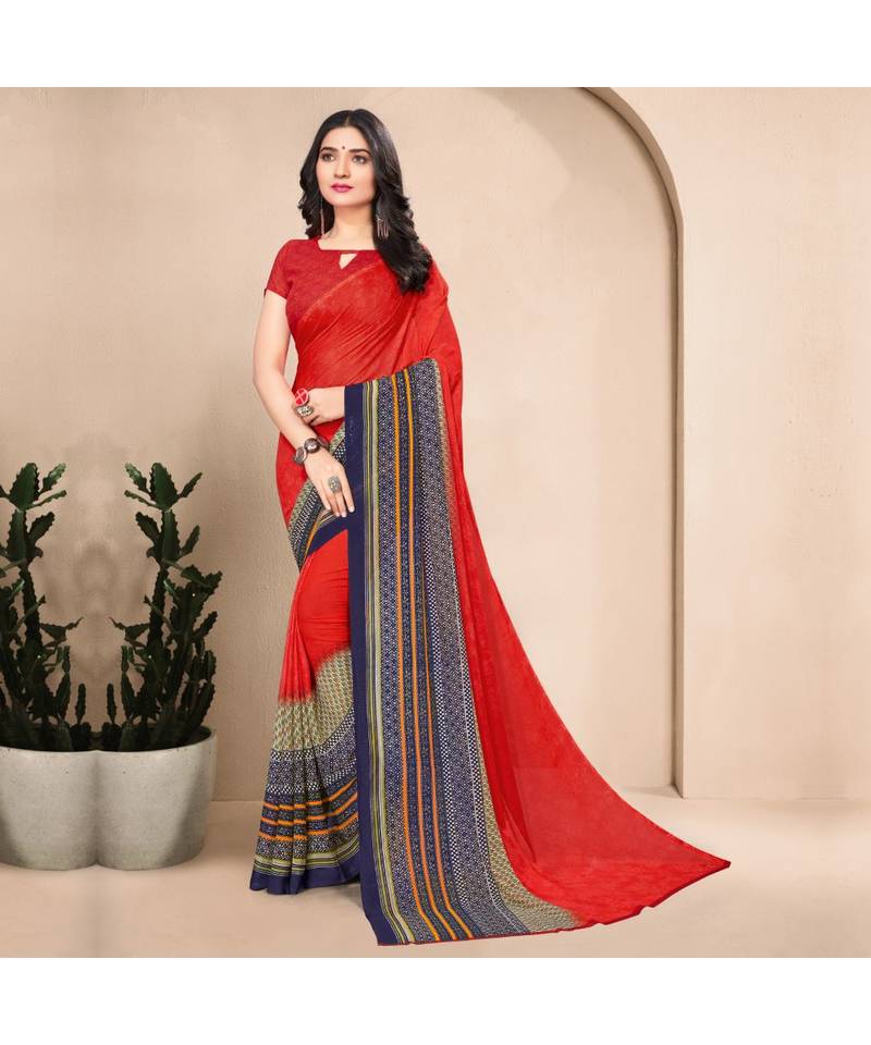 Women's Red Georgette Printed Saree