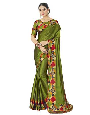 Olive printed chiffon saree with blouse 1