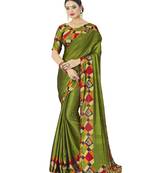Olive printed chiffon saree with blouse