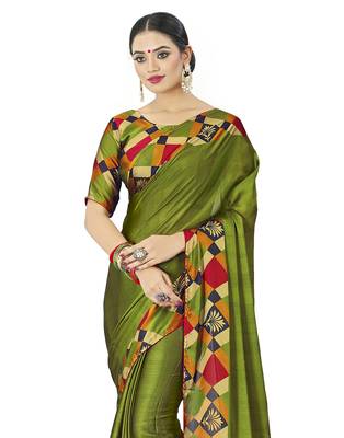 Olive printed chiffon saree with blouse 2
