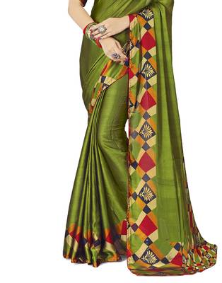 Olive printed chiffon saree with blouse 3