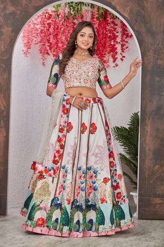 Off-White Sequins Embroidered Madonna Silk Stitched Indian Wedding Lehenga