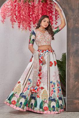 Off-White Sequins Embroidered Madonna Silk Stitched Indian Wedding Lehenga 3
