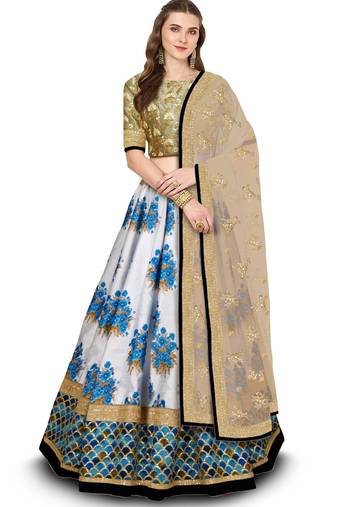 Botanical Blue Flower Butta printed & Dori and Sequins embroidered Art Silk Wedding Lehenga