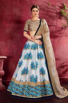 Botanical Blue Flower Butta printed & Dori and Sequins embroidered Art Silk Wedding Lehenga