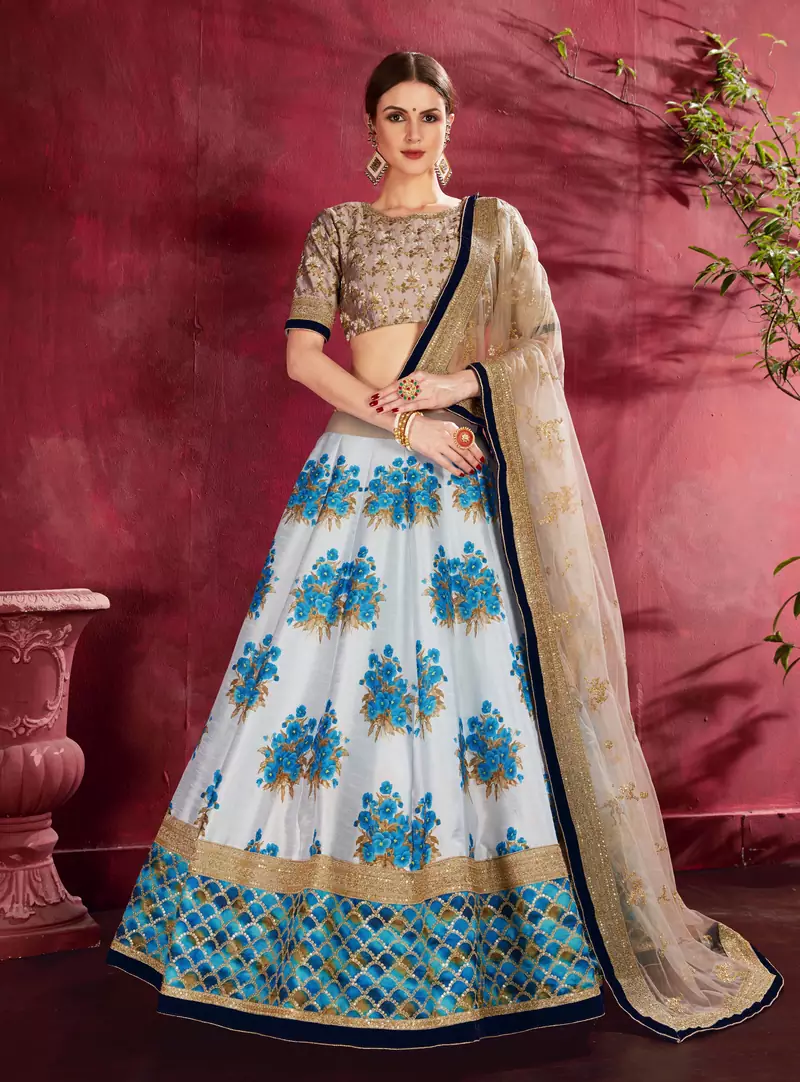 Botanical Blue Flower Butta printed & Dori and Sequins embroidered Art Silk Wedding Lehenga