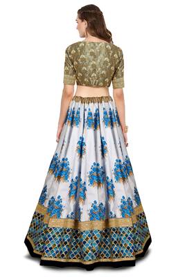Botanical Blue Flower Butta printed & Dori and Sequins embroidered Art Silk Wedding Lehenga 2