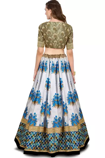 Botanical Blue Flower Butta printed & Dori and Sequins embroidered Art Silk Wedding Lehenga
