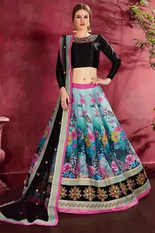 Gorgeous Peacock blue and Black Dori and Sequins Embroidered Art Silk Floral lehenga