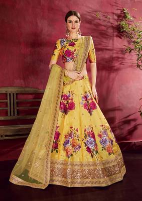 Yellow embroidered silk semi stitched Wedding Lehenga for Bridal 1