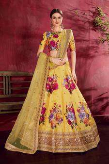 Yellow embroidered silk semi stitched Wedding Lehenga for Bridal