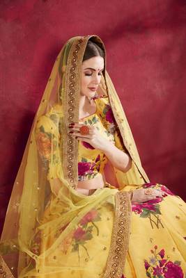 Yellow embroidered silk semi stitched Wedding Lehenga for Bridal 2