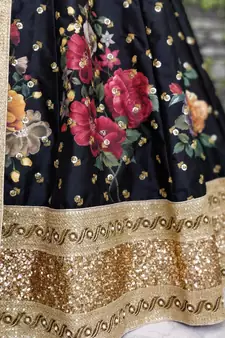 Black embroidered silk semi stitched Wedding Lehenga for Bridal
