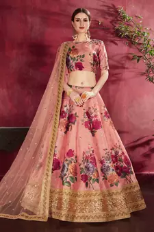 Peach embroidered silk semi stitched Wedding Lehenga for Bridal
