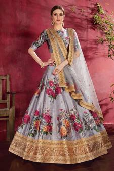 Grey embroidered silk semi stitched Wedding Lehenga for Bridal