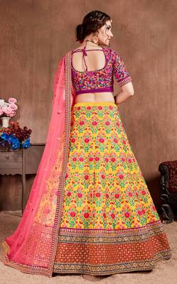 Yellow embroidered silk semi stitched Wedding Lehenga for Bridal 3