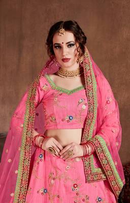 Pink embroidered art silk semi stitched Wedding Lehenga for Bridal 2