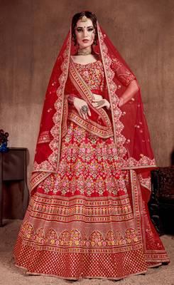 Red embroidered silk semi stitched Wedding Lehenga for Bridal 1