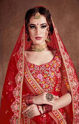 Red embroidered silk semi stitched Wedding Lehenga for Bridal 2