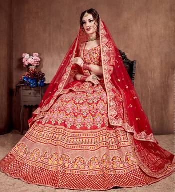 Red embroidered silk semi stitched Wedding Lehenga for Bridal 3