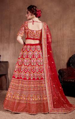 Red embroidered silk semi stitched Wedding Lehenga for Bridal 4