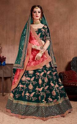 Dark-green embroidered silk semi stitched Wedding Lehenga for Bridal 1