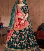 Dark-green embroidered silk semi stitched Wedding Lehenga for Bridal