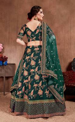 Dark-green embroidered silk semi stitched Wedding Lehenga for Bridal 3
