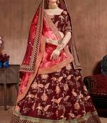 Dark-maroon embroidered silk semi stitched Wedding Lehenga for Bridal
