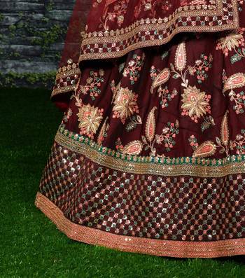 Dark-maroon embroidered silk semi stitched Wedding Lehenga for Bridal 4