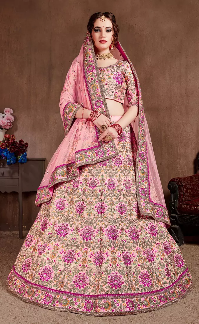 Captivating Baby Pink Dori, Zari and Thread Embroidered Silk Bridal Lehenga