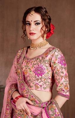 Baby Pink Dori Zari And Thread Embroidered Silk Bridal Lehenga 2